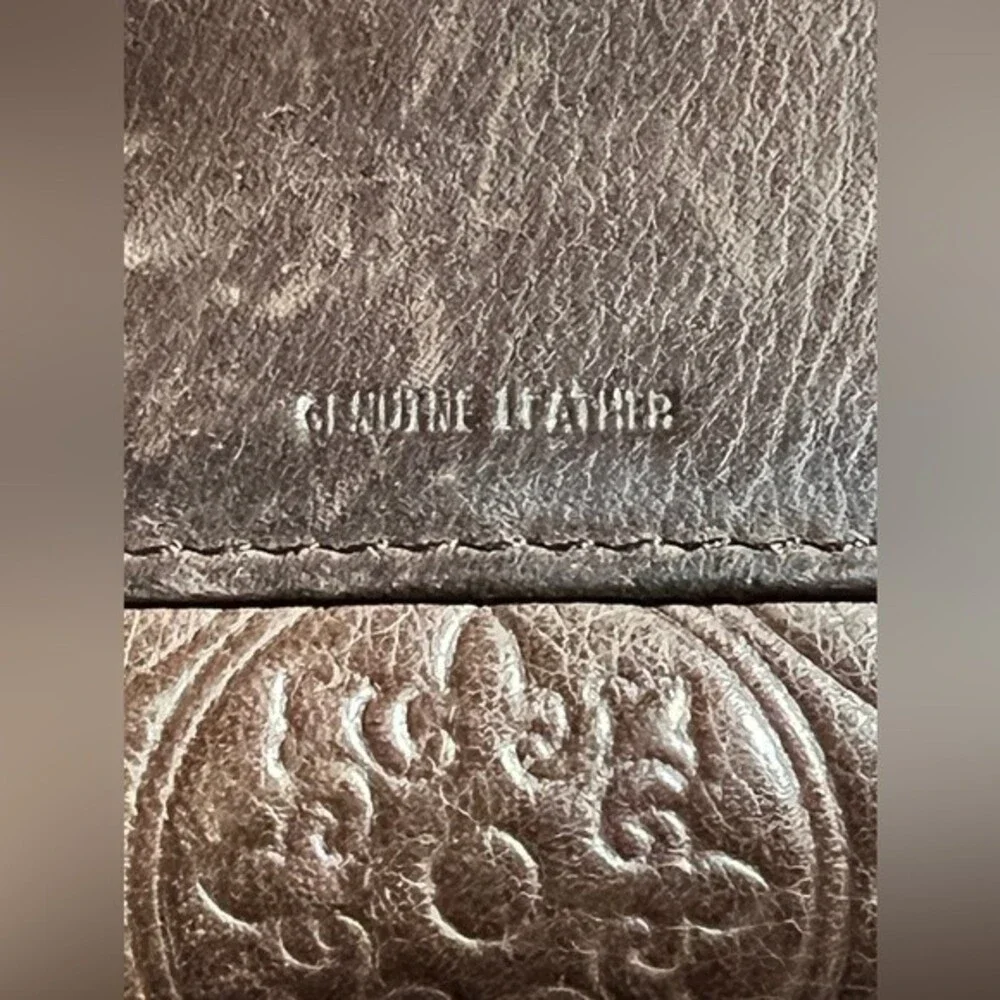 Vintage Brown Leather Wallet Hand Tooled Cut Outs Embellished Tons of slots!